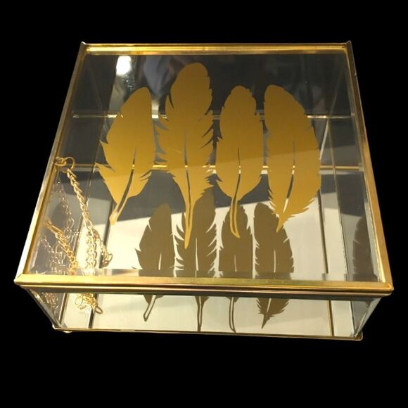 Feather Print Glass Trinket Box Vintage 90s Jewelry Gold Tone Western Bohemian - Picture 8 of 16